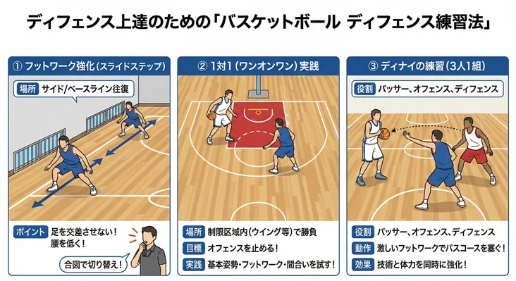 バスケットボールのディフェンス上達練習法図解:フットワーク・1対1・ディナイの3ステップ