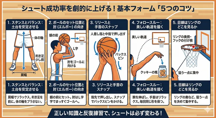 バスケットボールのシュート成功率を上げる基本フォーム5つのコツ図解:スタンス・セット・リリース・フォロースルー・目線