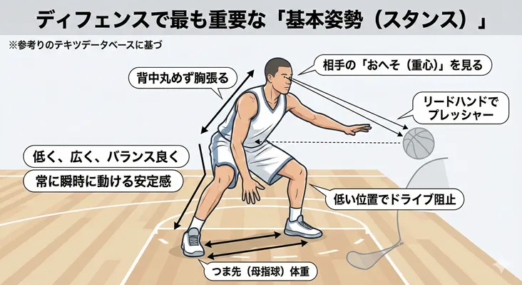 バスケのディフェンスの基本姿勢(スタンス)と構え方のコツ【図解】。重心の位置、視線、手の使い方など抜かれないためのポイント。