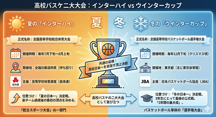 高校バスケ二大大会（インターハイ・ウインターカップ）の違いを比較した図解。開催時期、会場、主催者、大会の位置づけを一覧で解説