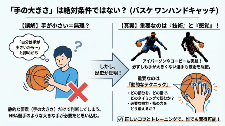 バスケのワンハンドキャッチは手が小さくてもできる？大きさより技術と握力が重要な理由とコツを図解