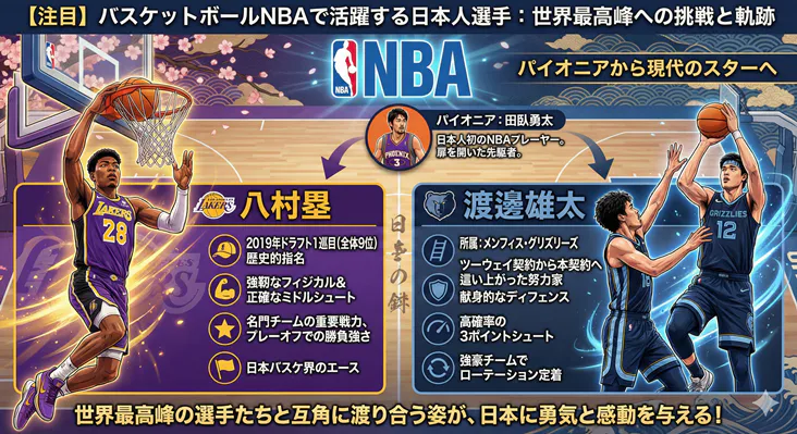NBAで活躍する日本人選手（八村塁・渡邊雄太・田臥勇太）の特徴と軌跡をまとめた図解イラスト