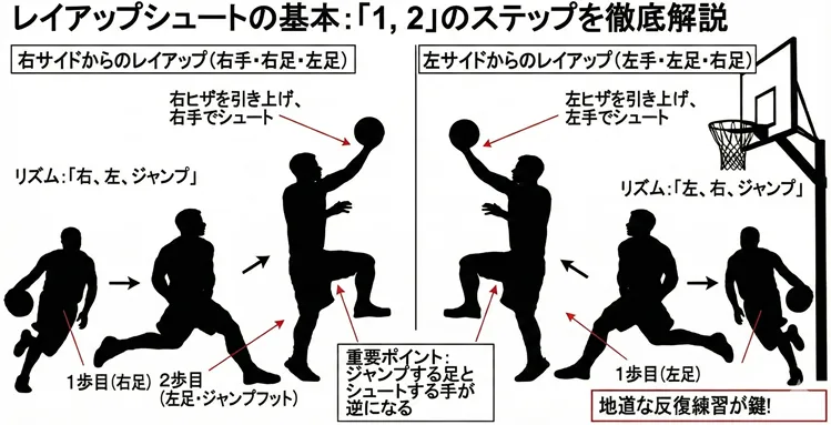 バスケットボールのレイアップシュートの基本ステップ図解。右サイドと左サイドそれぞれの「1・2」のリズム、足の運び、手と足の連動などの重要ポイントを初心者向けに解説。