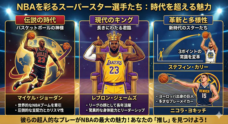 NBA歴代スーパースターの時代別特徴まとめ：マイケル・ジョーダン、レブロン・ジェームズ、ステフィン・カリー、ニコラ・ヨキッチの偉業と魅力
