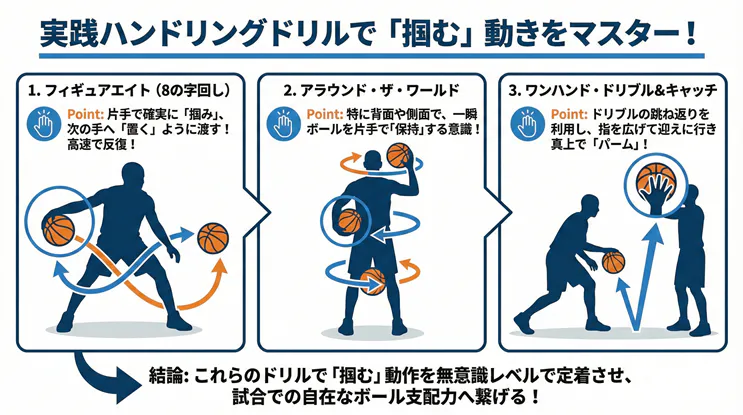 バスケのハンドリング練習メニュー図解：ボールを「掴む」感覚を養うフィギュアエイト、アラウンド・ザ・ワールド、ワンハンドキャッチの3つの実践ドリル