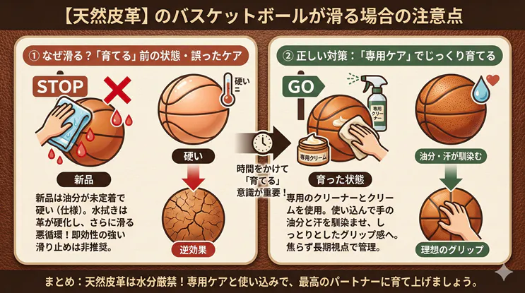 天然皮革バスケットボールが滑る原因と正しい手入れ方法の図解。新品時の水拭き禁止と専用ワックスでの育て方を比較解説
