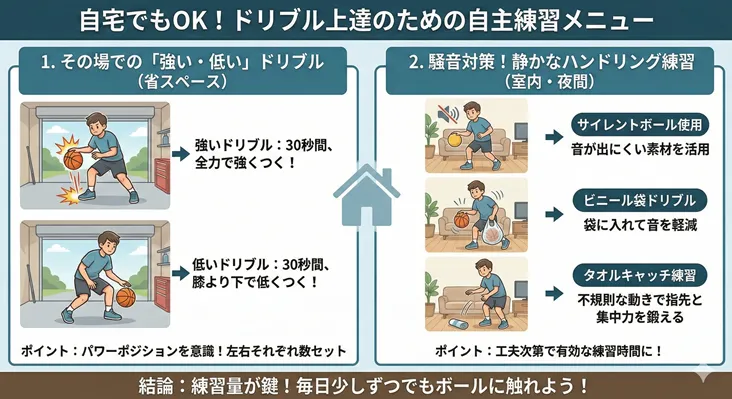 バスケのドリブルが上達する自宅練習メニュー図解。省スペースで行う強弱ドリブルと、室内・夜間の騒音対策(サイレントボール、ビニール袋、タオルキャッチ)を取り入れたハンドリング練習法を紹介