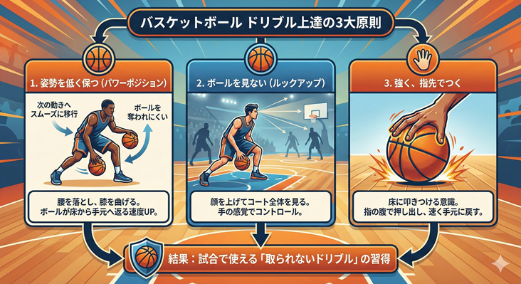 バスケットボールのドリブル上達の3大原則(姿勢・視線・強さ)をまとめた図解。パワーポジションやルックアップなど、試合で取られないドリブルを習得するためのコツと基礎練習のポイント。