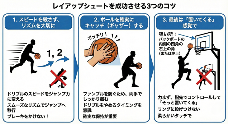 バスケットボールのレイアップシュートを成功させる3つのコツを図解。1.スピードを殺さずリズムよく踏み切る、2.ボールを確実にキャッチ（ギャザー）する、3.バックボードの内側の角を狙い「置いてくる」感覚でシュートする、という一連の動作とフォームのポイントを解説。