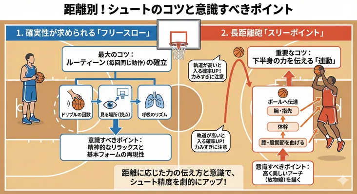 バスケットボールの距離別シュートのコツ図解。フリースローはルーティーンの確立、スリーポイントは下半身の連動と高いアーチがポイント。シュート精度を上げるフォームと意識を解説。