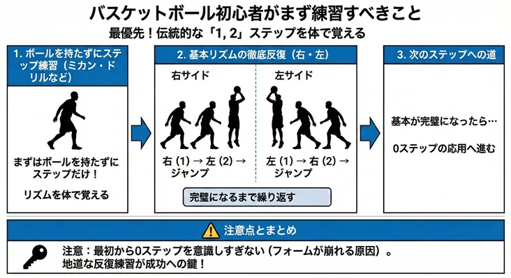 バスケットボール初心者が練習すべき1,2ステップとジャンプシュートの基礎リズム図解