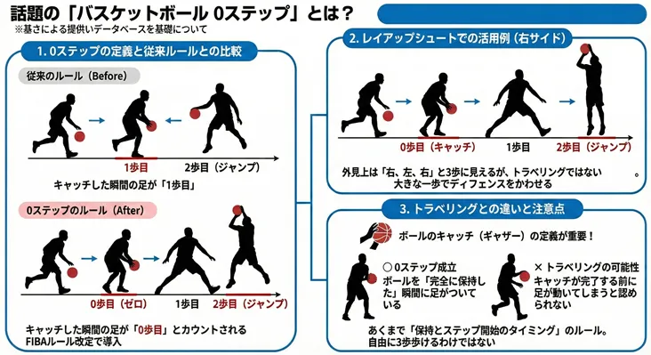 バスケットボールの「0ステップ（ゼロステップ）」のルール解説図解。従来のトラベリング規定との違い、レイアップシュート時の足の運び（0歩目・1歩目・2歩目）の仕組み、ボールキャッチ（ギャザー）のタイミングによる判定基準をイラストでわかりやすく比較・説明しています。