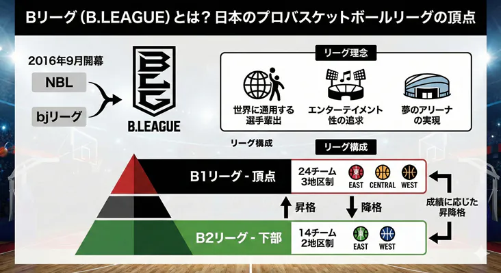 Bリーグ（B.LEAGUE）の仕組みとリーグ構成図解：2016年の開幕経緯、リーグ理念、B1（24チーム3地区）とB2（14チーム2地区）の入れ替え制度（昇格・降格）について