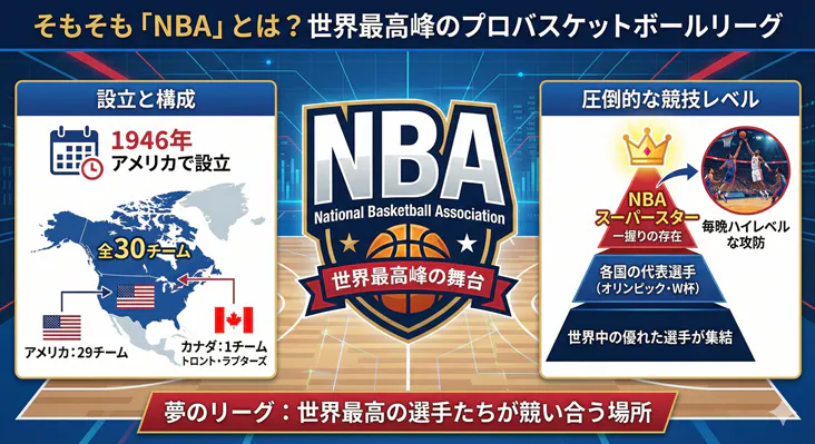 NBAとは？世界最高峰のプロバスケットボールリーグの仕組みと全30チームの構成、圧倒的な競技レベルの高さを解説した図解