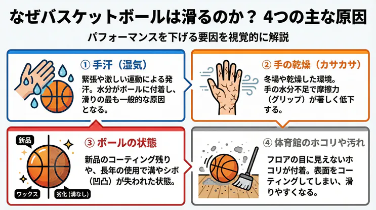 「バスケットボールが滑る4つの主な原因（手汗・手の乾燥・ボールの状態・体育館のホコリ）を解説した図解」