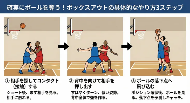バスケットボールのボックスアウト（スクリーンアウト）の具体的なやり方3ステップを図解。1.相手を探してコンタクト、2.背中を向けて押し出す、3.ボールの落下点へ飛び込みリバウンドを取るコツを解説。