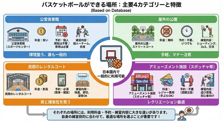 バスケットボールができる場所・コートの主要4カテゴリー（公営体育館・屋外公園・民間レンタルコート・アミューズメント施設）の特徴・料金・予約方法を比較した図解。練習目的に合わせた場所選びの参考に。