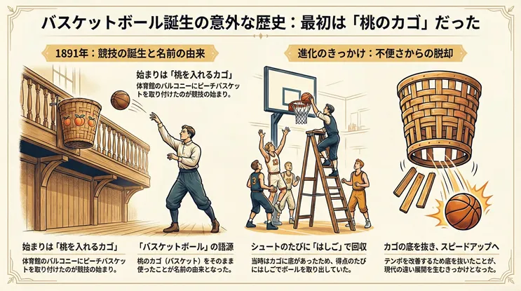 バスケットボール誕生の歴史と由来の図解：1891年の競技開始当初は桃のカゴ（ピーチバスケット）を使用しており、シュートのたびに梯子（はしご）でボールを回収していたが、後にカゴの底を抜いて進化・スピードアップした様子を描いたイラスト