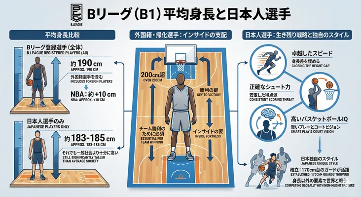 Bリーグ(B1)の平均身長比較と日本人選手の生存戦略図解。全選手平均約190cm(NBA比マイナス10cm)に対し、日本人選手は平均183-185cm。200cm超の外国籍選手がインサイドを支配する中、日本人選手は「スピード」「正確なシュート力」「高いバスケIQ」を武器に、170cm台のガードも活躍する独自のスタイルで世界と戦っていることを解説。