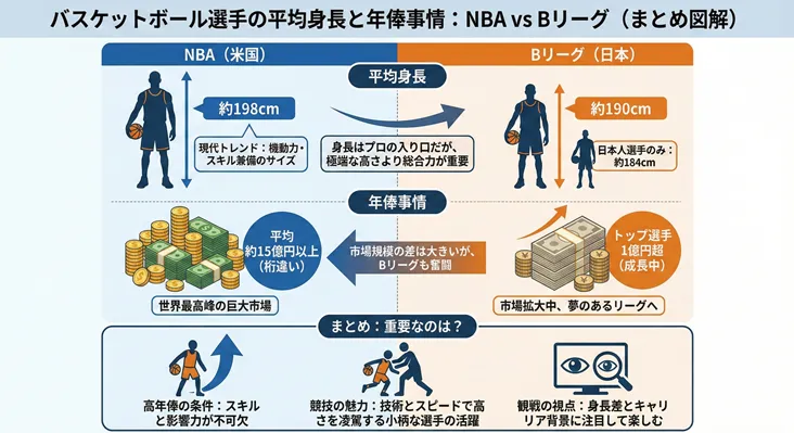 バスケットボール選手の平均身長と年俸をNBAとBリーグで比較した図解。NBAの平均身長は約198cm、平均年俸は約15億円以上。対するBリーグは平均身長約190cm(日本人選手は約184cm)、トップ選手の年俸は1億円超と市場拡大中であることを解説。