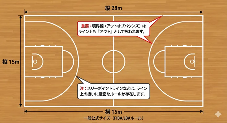 バスケットボールコートの公式サイズ（縦28m×横15m）とライン判定のルールを図解。FIBA・JBA規定に基づく一般公式規格で、アウトオブバウンズの境界線やスリーポイントラインの扱いに関する重要な注意点も記載。