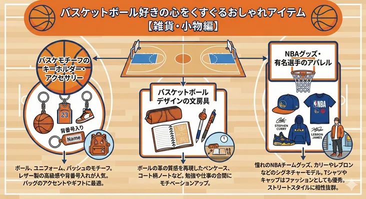 バスケットボール好きの心をくすぐるおしゃれアイテム【雑貨・小物編】の紹介インフォグラフィック。ファンへのプレゼントや普段使いに最適な3つのカテゴリーを提案しています。
1. 【バスケモチーフのキーホルダー・アクセサリー】ボール、ユニフォーム(背番号入り)、バッシュの形をしたチャーム。レザー製の高級感あるデザインや名入れ可能なものは、バッグのアクセントやギフトとして人気です。
2. 【バスケットボールデザインの文房具】ボールの革の質感を再現したペンケースや、バスケコート柄のノートなど。勉強や仕事のモチベーションを上げるユニークなアイテムです。
3. 【NBAグッズ・有名選手のアパレル】ステフィン・カリーやレブロン・ジェームズなどのシグネチャーモデル、NBAチームのロゴ入りTシャツやキャップ。ストリートスタイルと相性抜群のファッションアイテムです。
