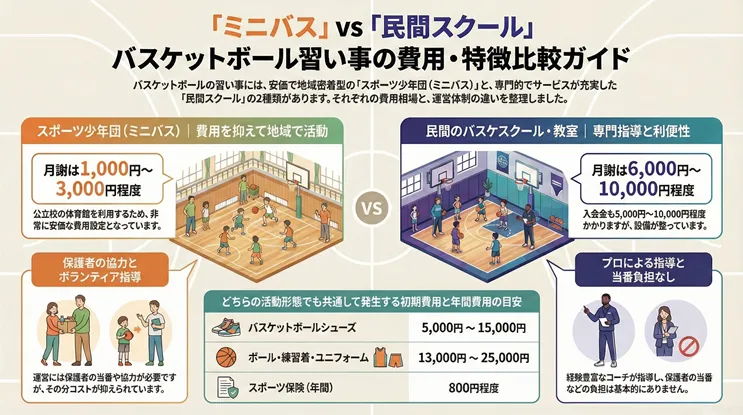 子供のバスケットボール習い事「ミニバス(スポーツ少年団)」と「民間スクール」の費用・特徴比較ガイド。ミニバスは月謝1,000円〜3,000円と安価だが、公立校体育館を利用し保護者の当番やボランティア指導が必要。対して民間スクールは月謝6,000円〜10,000円(入会金別途)とかかるが、設備が整っておりプロコーチの指導で保護者の当番負担がないのが特徴。共通の初期費用・年間費用の目安として、バスケットボールシューズ5,000円〜15,000円、ボール・練習着・ユニフォーム13,000円〜25,000円、スポーツ保険(年間)800円程度が必要となる。小学生のバスケ教室選びや親の負担・料金の違いを整理した比較図解。
