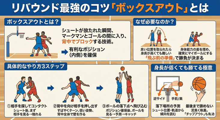 バスケットボールのリバウンド最強のコツ「ボックスアウト（スクリーンアウト）」のやり方を解説した図解。具体的な3ステップ（相手へのコンタクト、背中で押し出す、落下点へ飛び込む）や、身長が低くてもリバウンドを取るための位置取り・予測・チップアウトの極意、技術が必要な理由をイラストで詳述。