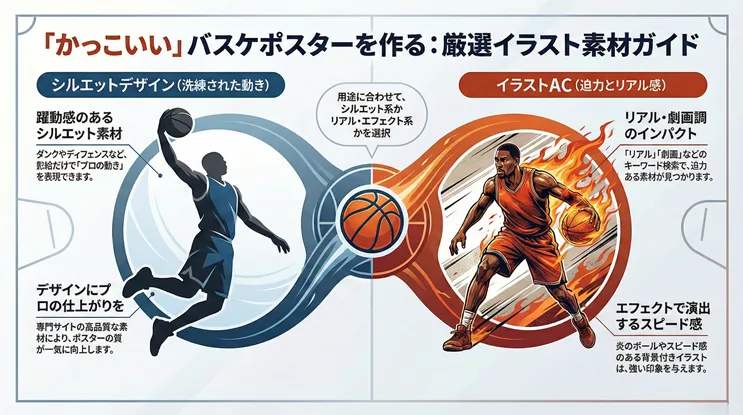 「かっこいい」バスケポスターを作る厳選イラスト素材ガイドの比較図。左側は「シルエットデザイン」を使用した洗練された動きのあるダンクシュートのシルエット素材、右側は「イラストAC」を使用した迫力とリアル感のある炎のエフェクト付きドリブルイラストを紹介。デザインにプロの仕上がりを求めるか、劇画調のインパクトを求めるか、用途に合わせたバスケットボール画像の選び方を解説。