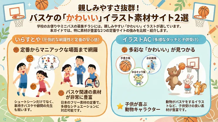 親しみやすさ抜群！バスケの「かわいい」イラスト素材サイト2選（いらすとや・イラストAC）の比較図。学校のお便りやミニバスの募集チラシに最適なフリー素材の特徴を解説。「いらすとや」は車椅子バスケや顧問の先生など網羅性が高く、「イラストAC」は動物キャラや水彩風など子供受けする多彩なタッチが特徴。