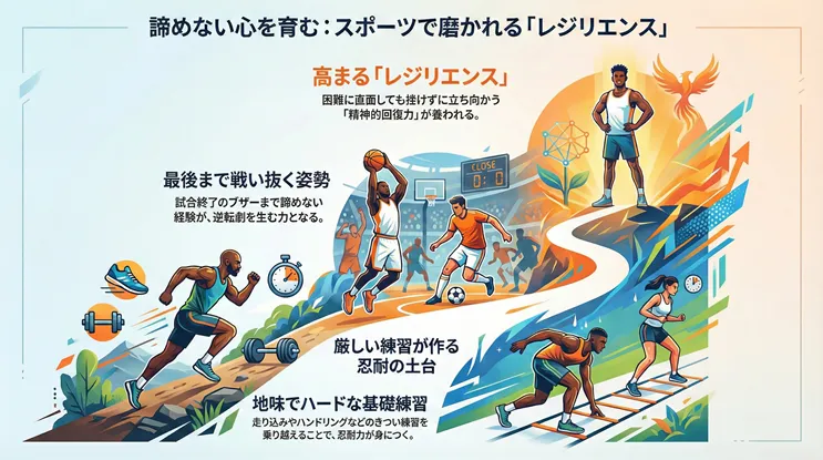 諦めない心を育む:スポーツで磨かれる「レジリエンス」の図解。厳しい基礎練習による忍耐力の向上や、試合終了まで戦い抜く姿勢、困難に立ち向かう精神的回復力が養われるプロセスを、バスケットボール、サッカー、陸上トレーニングのイラストと共に解説。