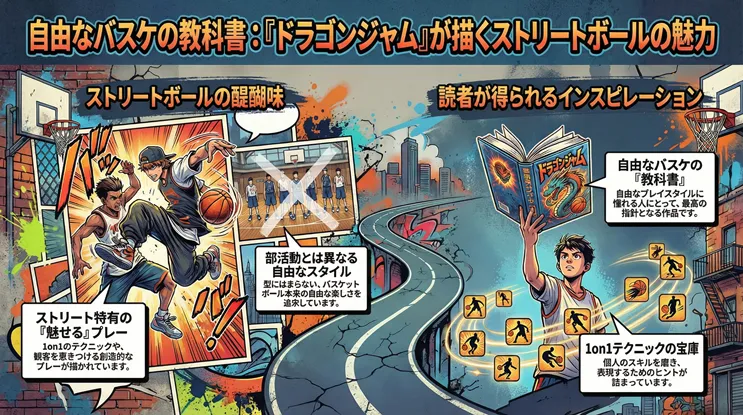 漫画『ドラゴンジャム』が描くストリートボールの魅力を「自由なバスケの教科書」として解説した図解。部活動とは異なる1on1の創造的なプレーやテクニックの醍醐味、個人のスキルを磨くためのインスピレーションが得られる点を視覚的に紹介している。