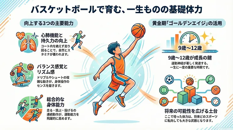 バスケットボールで育む子供の基礎体力とゴールデンエイジ(9歳〜12歳)の活用メリット。心肺機能・持久力、バランス感覚・リズム感、総合的な身体能力の向上に加え、将来の可能性を広げる土台作りについて解説した図解