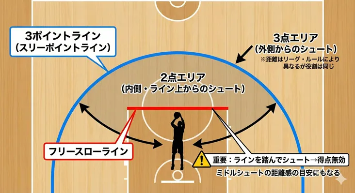 バスケットボールコートのライン名称と得点エリア（2点・3点）の解説図。3ポイントラインとフリースローラインの位置関係、およびフリースロー時のルール（ラインを踏むと無効）をイラストで説明。