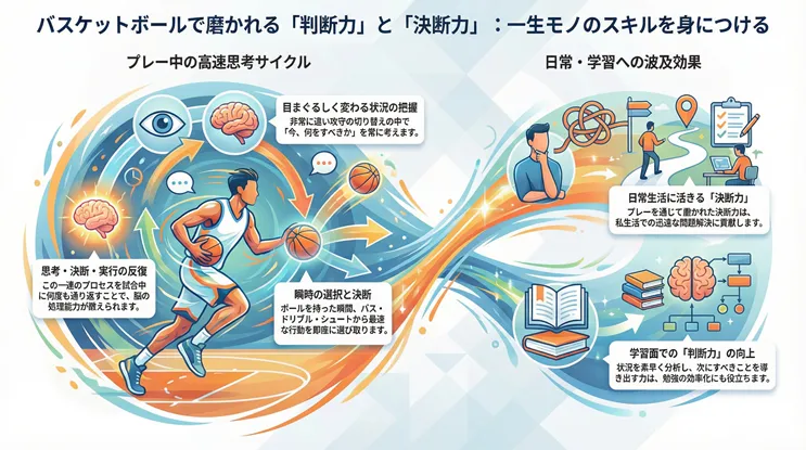 バスケットボールで磨かれる「判断力」と「決断力」の図解。プレー中の高速思考サイクル(状況把握・瞬時の選択)が、日常生活の問題解決や学習の効率化といった一生モノのスキル習得にどう波及するかを解説したイラスト。