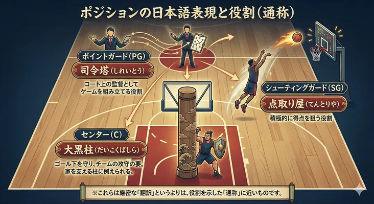バスケットボールのポジションの日本語表現と役割（通称）の図解。ポイントガード（PG）は「司令塔（しれいとう）」としてコート上の監督役、シューティングガード（SG）は「点取り屋（てんとりや）」として得点を狙う役、センター（C）は「大黒柱（だいこくばしら）」としてゴール下を守る攻守の要であることを、イラストとテキストで解説。