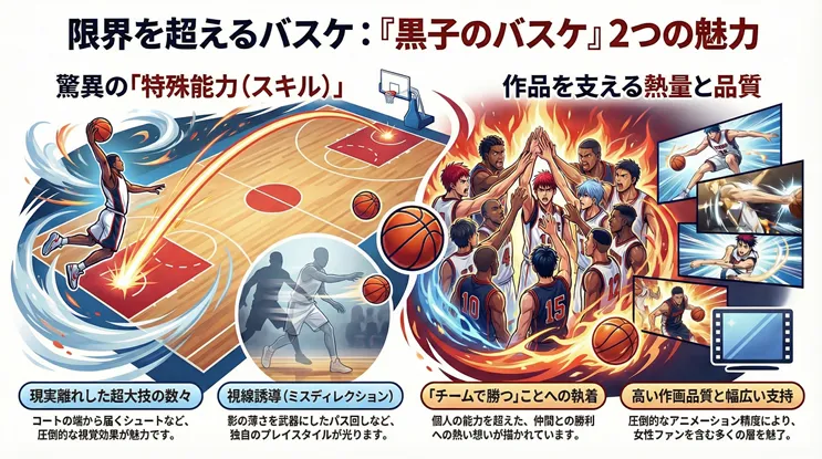 限界を超えるバスケ漫画『黒子のバスケ』の2つの魅力を紹介する解説画像。1点目は「驚異の特殊能力（スキル）」として、コート端からのシュートなど現実離れした超大技や、主人公の影の薄さを活かした視線誘導（ミスディレクション）を図解。2点目は「作品を支える熱量と品質」として、個の力を超えたチームプレーへの執着や、女性ファンも魅了する圧倒的なアニメーション作画品質について記載されている。