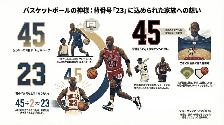 マイケル・ジョーダンの背番号「23」と「45」の由来と家族への想いを解説したインフォグラフィック。兄ラリーの背番号45への憧れから「兄の半分でも上手くなりたい」と45を2で割って23を選んだルーツや、1995年の復帰時に亡き父が最後に見た野球時代の番号である45を着用した理由が、シカゴ・ブルズや野球ユニフォームのイラストと共に詳細に図解されている。