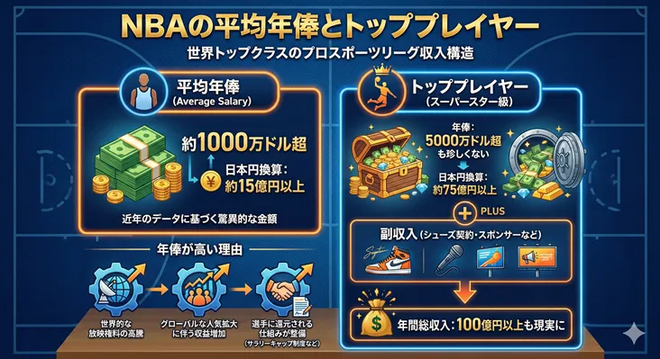 NBAの平均年俸とトッププレイヤーの収入構造図解。平均年俸は約1000万ドル(日本円で約15億円以上)、スーパースター級は年俸5000万ドル(約75億円)に加え、シューズ契約などの副収入を含めると年間総収入100億円以上も現実的であることを示す。年俸高騰の理由として、世界的放映権料の高騰、グローバル人気、サラリーキャップ制度などの還元システムも解説。