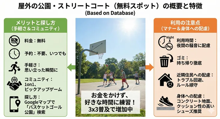 屋外の公園・ストリートコート（無料バスケスポット）の概要と特徴まとめ。予約不要・無料で手軽に1on1やピックアップゲームができるメリット、Googleマップを使った探し方、夜間の騒音やゴミ持ち帰りなどの利用マナー、コンクリート路面への身体的配慮を解説。
