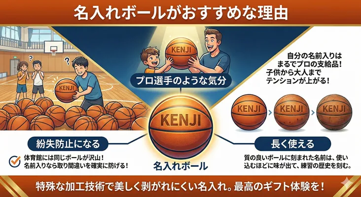 バスケットボールの名入れギフトがおすすめな3つの理由。1.体育館での取り間違いを防ぐ「紛失防止」、2.自分だけのボールでモチベーションが上がる「プロ選手のような気分」、3.使い込んでも消えにくい特殊加工で「長く使える」耐久性。「KENJI」と刻印されたボールのイラストと共に、子供から大人まで喜ばれる最高のプレゼント体験として紹介。