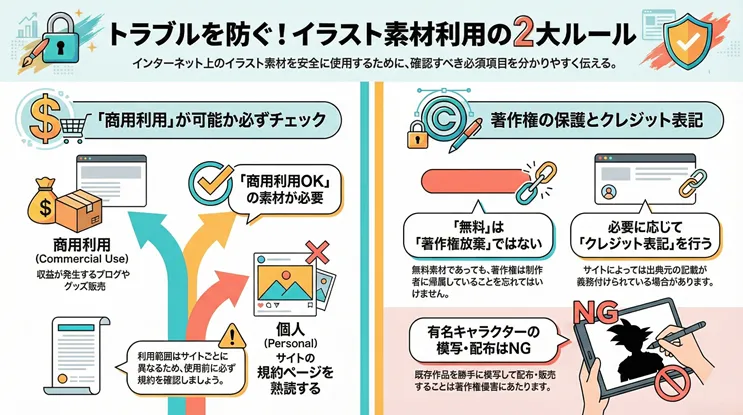 トラブルを防ぐイラスト素材利用の2大ルール解説図。1つ目は「商用利用」の可否確認。収益が発生するブログやグッズ販売には「商用利用OK」の素材が必要であり、サイトごとの利用規約を確認する。2つ目は著作権保護とクレジット表記。無料素材も著作権は放棄されておらず、サイトによっては出典元の記載（クレジット表記）が義務付けられている。有名キャラクターの模写・配布は著作権侵害（NG）となるため注意が必要。