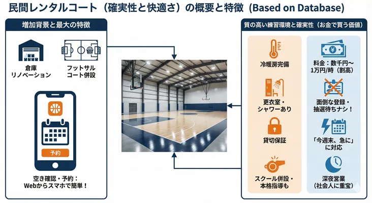 民間レンタルコートの概要と特徴の図解：倉庫リノベーションやフットサルコート併設型のバスケットボール体育館。スマホでのWeb予約、冷暖房完備、更衣室・シャワーあり、深夜営業、面倒な登録・抽選なしで確実に貸切できるメリットを解説