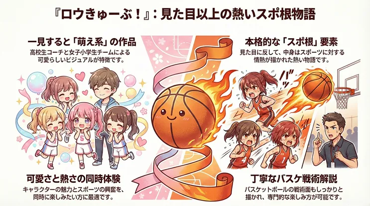『ロウきゅーぶ！』の作品性を解説した比較図解。左側は女子小学生と高校生コーチによる「萌え系」の可愛いビジュアル、右側は汗と情熱が描かれた本格的な「スポ根」バスケ要素と丁寧な戦術解説を対比。見た目の可愛さと中身の熱いスポーツドラマというギャップを表現したイラスト。