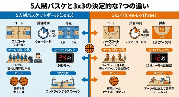 5人制バスケと3x3（スリーエックススリー）の決定的な7つの違いを比較した図解。コート（フル・ハーフ）、試合時間、得点、チーム人数・交代、ショットクロック（24秒・12秒）、ボールサイズ、攻守交代のルールの相違点をイラストで解説。