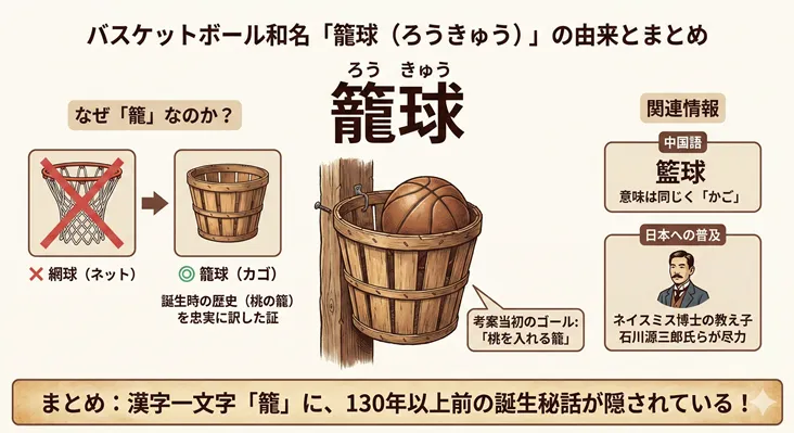バスケットボールの和名「籠球（ろうきゅう）」の由来と歴史を解説した図解。なぜ「網（ネット）」ではなく「籠」の字が使われるのかについて、競技誕生当初のゴールが「桃を入れる籠（ピーチバスケット）」だった事実を忠実に訳したためであると、現在のゴールと比較して説明。関連情報として、意味が同じである中国語表記の「籃球」や、日本への普及に尽力したジェームズ・ネイスミス博士の教え子・石川源三郎氏についても紹介。漢字一文字「籠」に130年以上前の誕生秘話が隠されていることをまとめたインフォグラフィック。