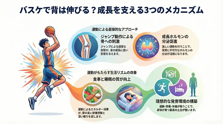バスケで背は伸びる?成長を支える3つのメカニズム図解。ジャンプ動作による骨への刺激、成長ホルモンの分泌促進、運動による食事と睡眠の質向上(生活リズムの改善)が、身長の伸びる理想的な発育環境を作ることを説明しています。