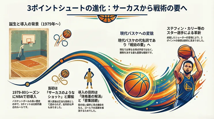 NBAにおける3ポイントシュートの進化と歴史：1979-80シーズンのルール導入当初は「サーカスのようなショット」と揶揄されたが、体格差の解消やゴール下の密集回避を目的に定着。その後、現代バスケットボールの代名詞として「戦術の要」へと変貌を遂げる。右側にはステフィン・カリーのイラストが描かれ、卓越したシューターの登場による革命と、3ポイントの価値が劇的に高まった過程を図解したインフォグラフィック。