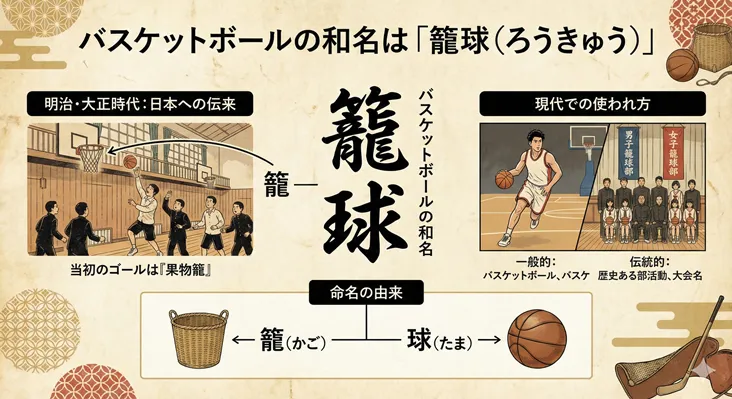 バスケットボールの和名『籠球（ろうきゅう）』の意味と由来の図解。明治時代の伝来時に果物籠をゴールにした歴史や、現代の部活動での表記、漢字の成り立ちをイラストで解説。