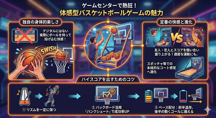 ゲームセンターにある体感型バスケットボールゲームの魅力とハイスコアを出すコツを解説したインフォグラフィック。実際にボールを投げる身体的な楽しさや、友人・カップルでの対戦の盛り上がり、スポッチャ等の本格的なコート感覚への進化を紹介。さらに攻略法として、リズムの維持、バックボードを使ったバンクシュート、後半の動くゴールに備えたペース配分という3つのポイントをイラストで図解している。